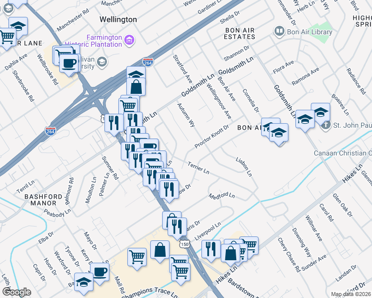 map of restaurants, bars, coffee shops, grocery stores, and more near 3316 Willow Way in Louisville