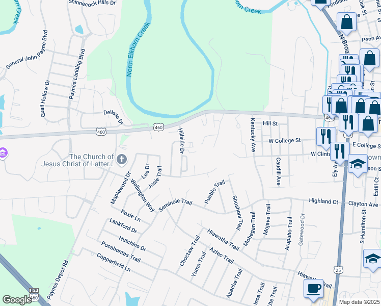 map of restaurants, bars, coffee shops, grocery stores, and more near 100 Hillside Drive in Georgetown