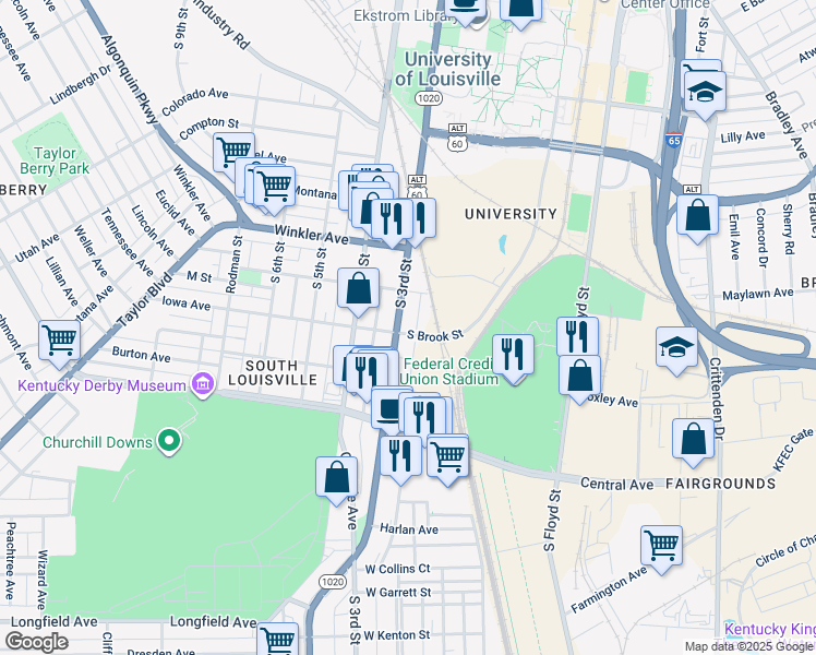 map of restaurants, bars, coffee shops, grocery stores, and more near 2819 South 2nd Street in Louisville