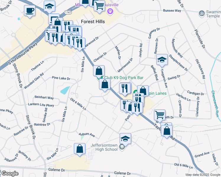 map of restaurants, bars, coffee shops, grocery stores, and more near 1801 Janlyn Road in Jeffersontown