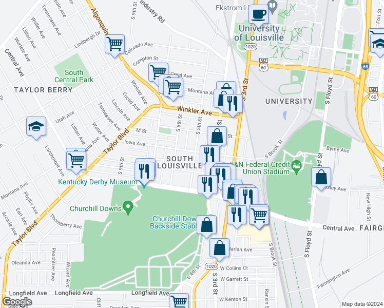 map of restaurants, bars, coffee shops, grocery stores, and more near 2902 South 5th Street in Louisville