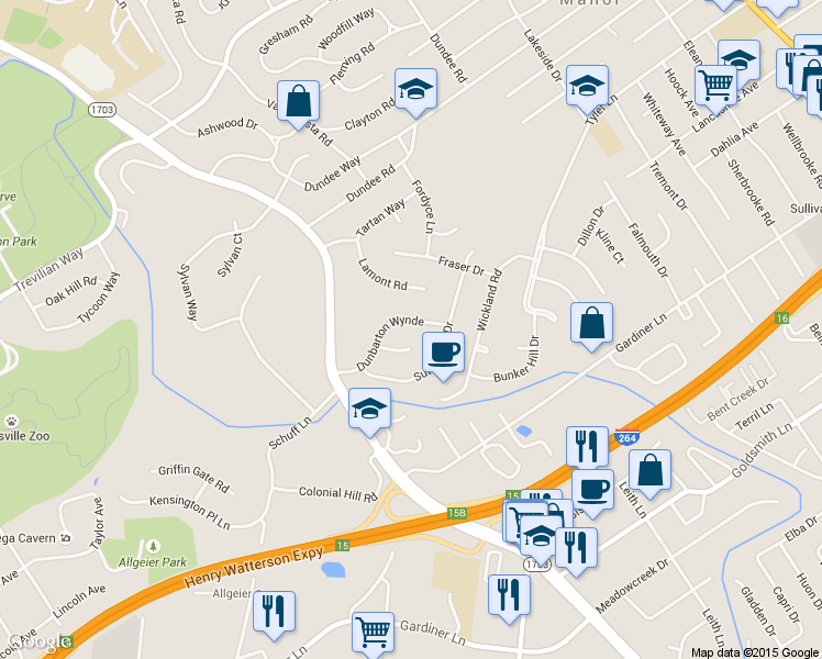 map of restaurants, bars, coffee shops, grocery stores, and more near 1626 Dunbarton Wynde in Louisville