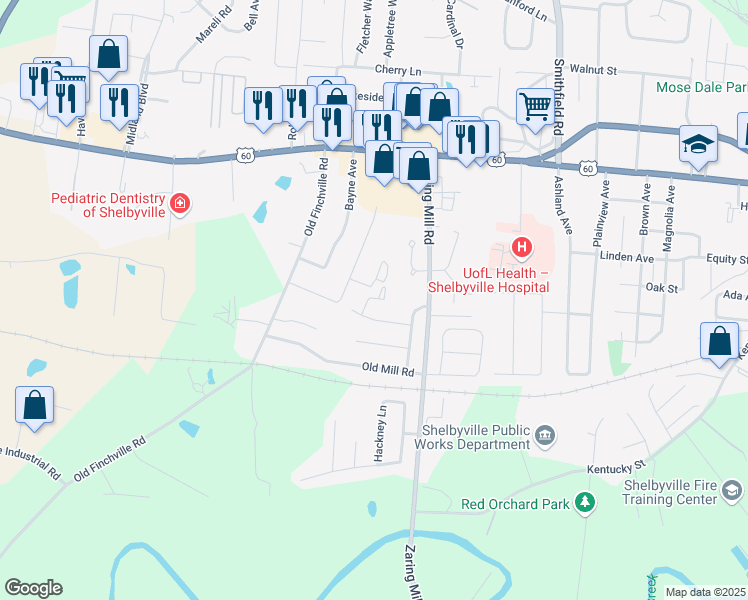 map of restaurants, bars, coffee shops, grocery stores, and more near 754 Marian Village Drive in Shelbyville