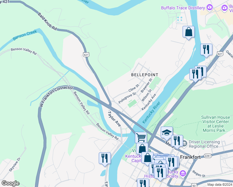 map of restaurants, bars, coffee shops, grocery stores, and more near 688 Cline Street in Frankfort