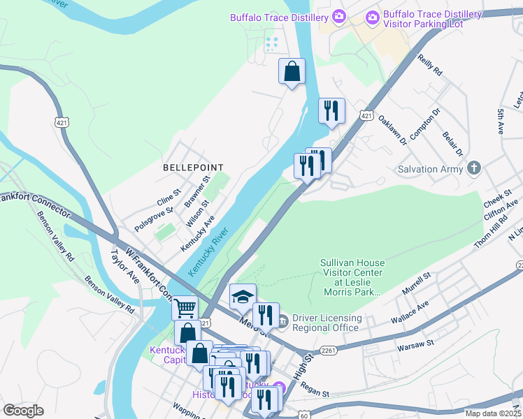 map of restaurants, bars, coffee shops, grocery stores, and more near Riverview Trail in Frankfort