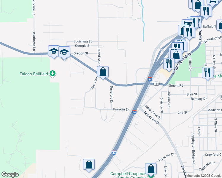 map of restaurants, bars, coffee shops, grocery stores, and more near 775 Dunsford Drive in Sullivan