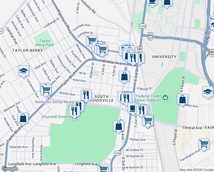 map of restaurants, bars, coffee shops, grocery stores, and more near 2832 South 5th Street in Louisville