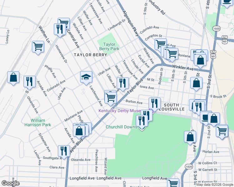 map of restaurants, bars, coffee shops, grocery stores, and more near 3102 Montana Avenue in Louisville
