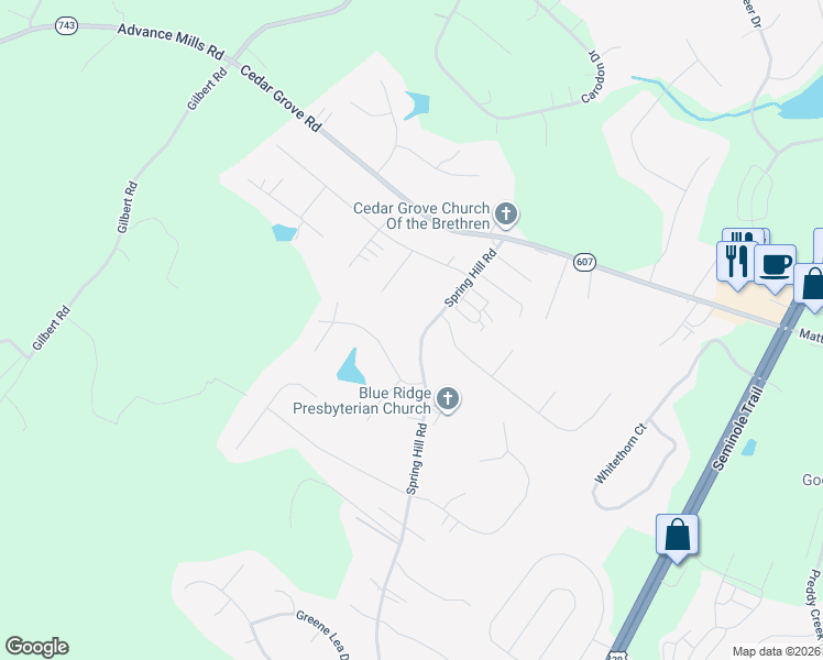 map of restaurants, bars, coffee shops, grocery stores, and more near 6671-6769 Spring Hill Road in Ruckersville