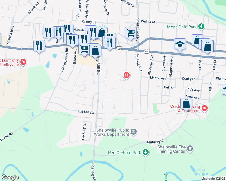 map of restaurants, bars, coffee shops, grocery stores, and more near 324 Cherry Wood Avenue in Shelbyville