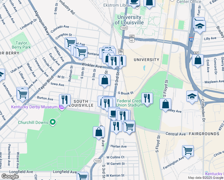 map of restaurants, bars, coffee shops, grocery stores, and more near 2822 South 3rd Street in Louisville