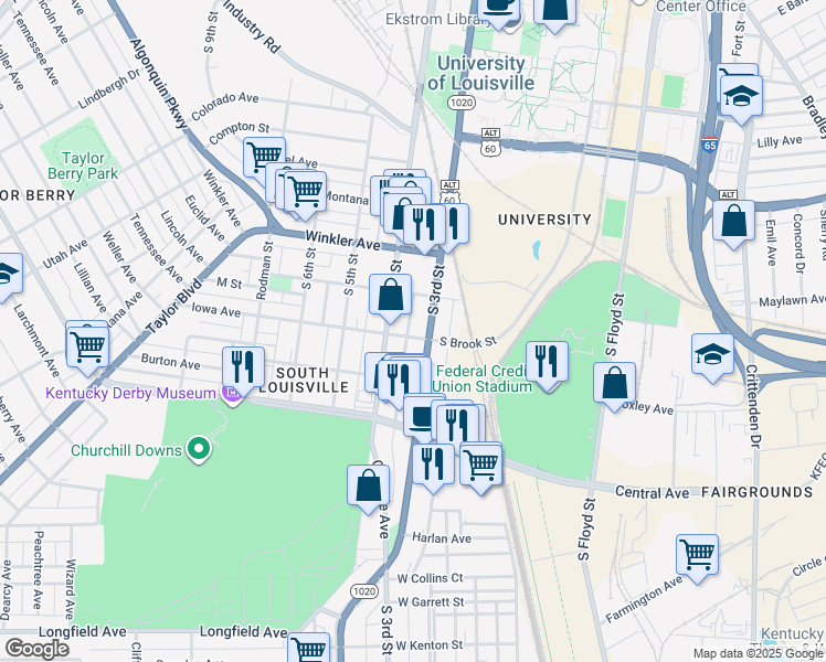 map of restaurants, bars, coffee shops, grocery stores, and more near 2822 South 3rd Street in Louisville