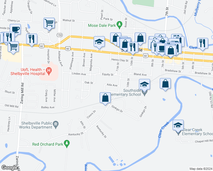 map of restaurants, bars, coffee shops, grocery stores, and more near 115 Ada Avenue in Shelbyville