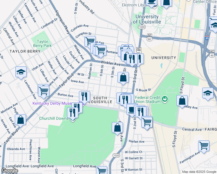 map of restaurants, bars, coffee shops, grocery stores, and more near 2832 South 5th Street in Louisville