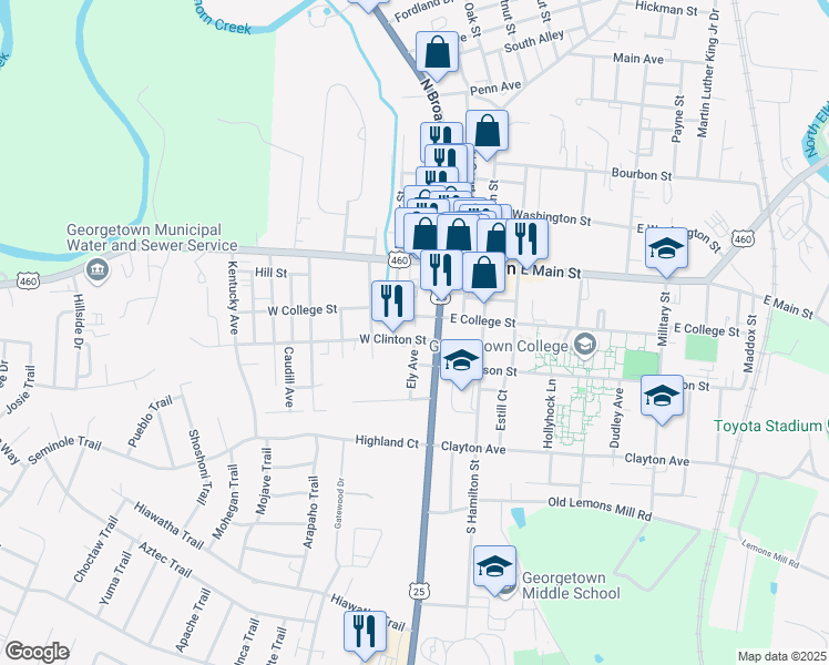 map of restaurants, bars, coffee shops, grocery stores, and more near 123 West Clinton Street in Georgetown