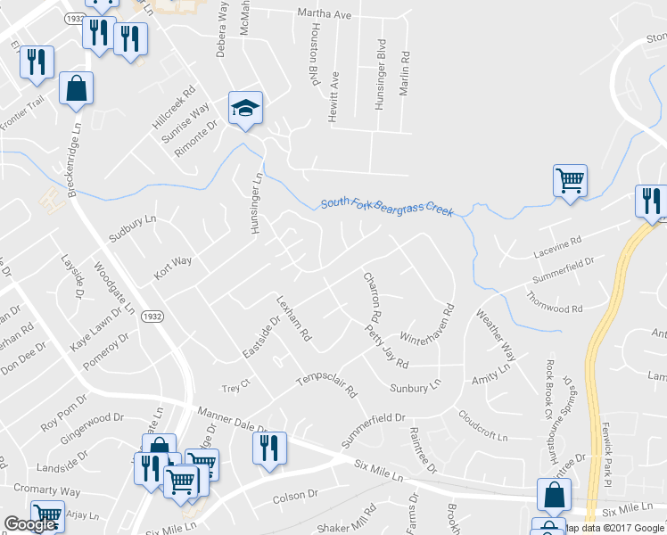 map of restaurants, bars, coffee shops, grocery stores, and more near 3004 Bradford Grove Lane in Louisville