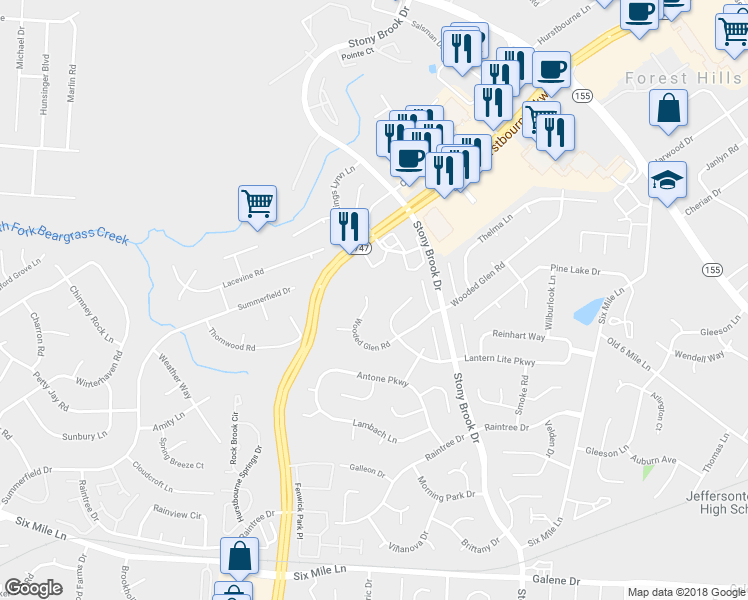 map of restaurants, bars, coffee shops, grocery stores, and more near 8609 Wooded Glen Road in Louisville