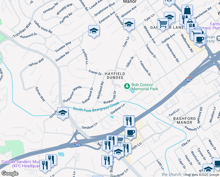 map of restaurants, bars, coffee shops, grocery stores, and more near 3000 Bunker Hill Drive in Louisville