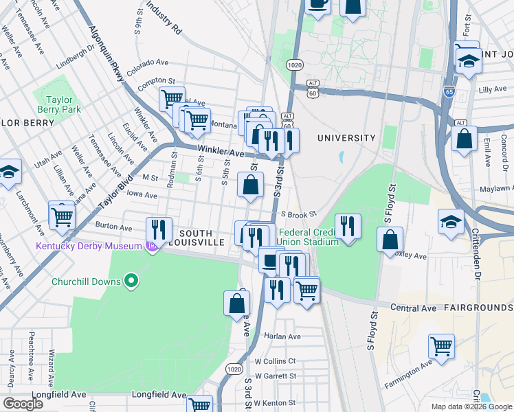 map of restaurants, bars, coffee shops, grocery stores, and more near 2822 South 3rd Street in Louisville
