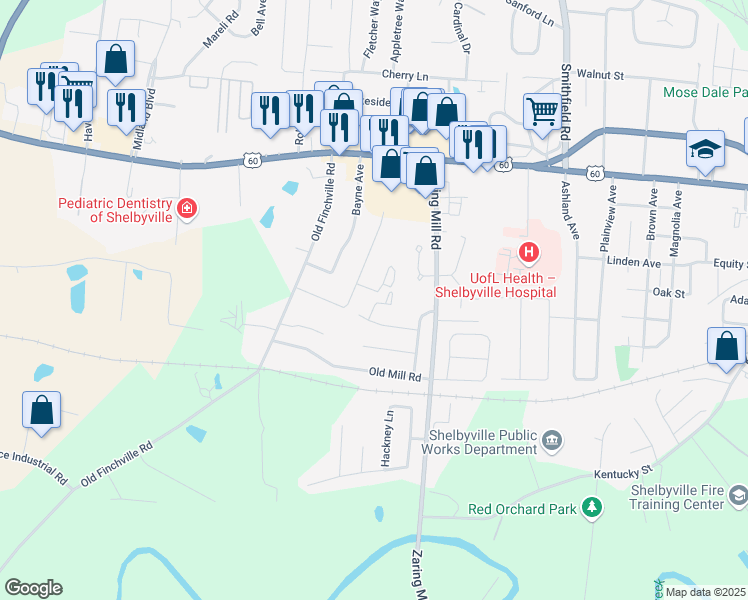map of restaurants, bars, coffee shops, grocery stores, and more near 754 Marian Village Drive in Shelbyville
