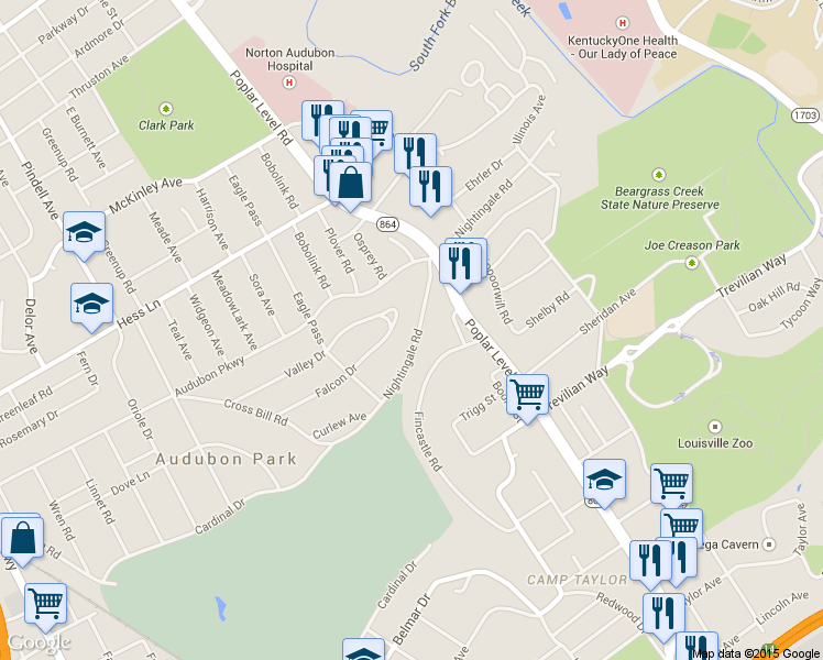 map of restaurants, bars, coffee shops, grocery stores, and more near 1433 Nightingale Road in Louisville