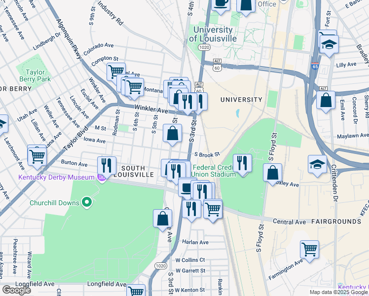 map of restaurants, bars, coffee shops, grocery stores, and more near 2822 South 3rd Street in Louisville