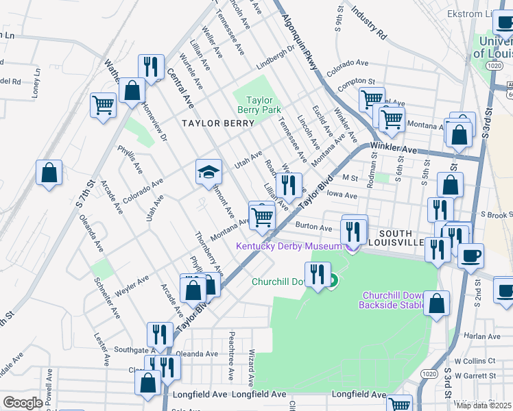 map of restaurants, bars, coffee shops, grocery stores, and more near 1213 Central Avenue in Louisville