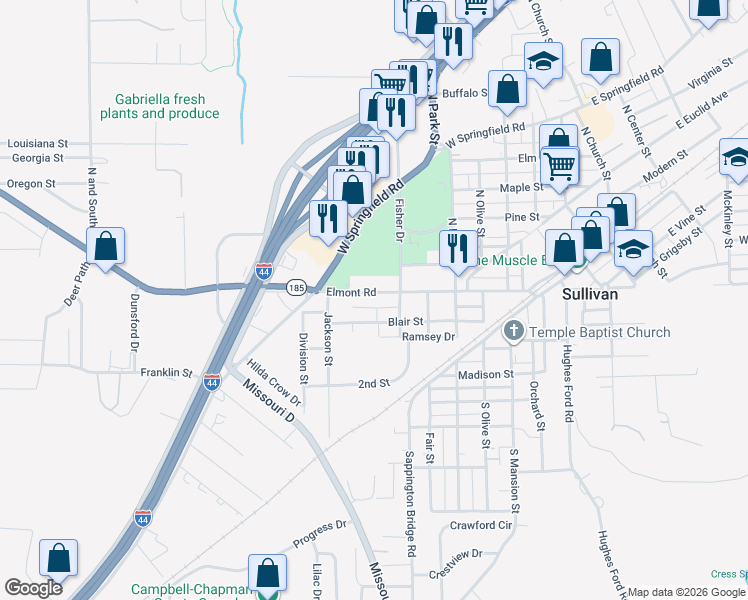map of restaurants, bars, coffee shops, grocery stores, and more near 518 Elmont Road in Sullivan