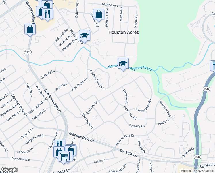 map of restaurants, bars, coffee shops, grocery stores, and more near 7500 Eric Edward Way in Louisville