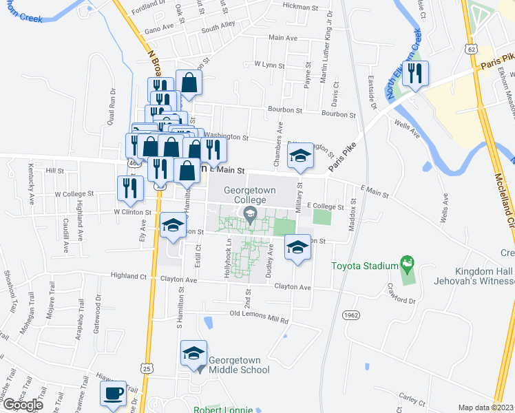 map of restaurants, bars, coffee shops, grocery stores, and more near East College Street in Georgetown