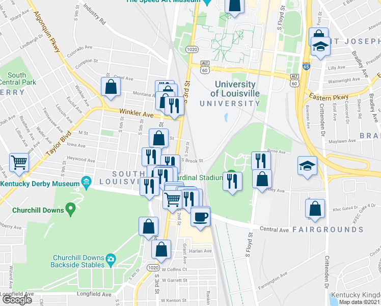 map of restaurants, bars, coffee shops, grocery stores, and more near 2819 South 2nd Street in Louisville
