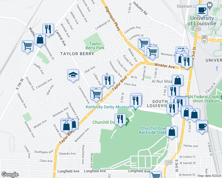 map of restaurants, bars, coffee shops, grocery stores, and more near 2916 Taylor Boulevard in Louisville