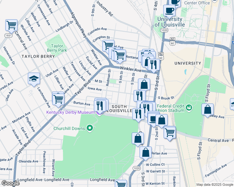 map of restaurants, bars, coffee shops, grocery stores, and more near 2900 South 6th Street in Louisville