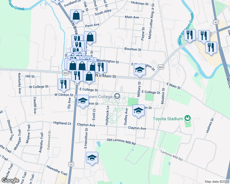 map of restaurants, bars, coffee shops, grocery stores, and more near East College Street in Georgetown