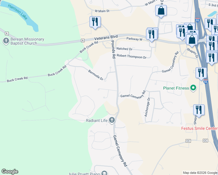 map of restaurants, bars, coffee shops, grocery stores, and more near 11443 Pounds Road in Festus