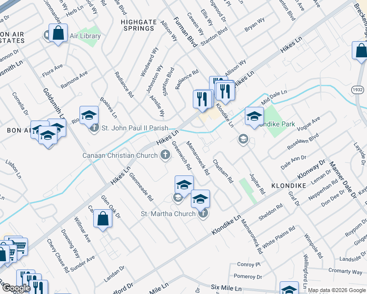 map of restaurants, bars, coffee shops, grocery stores, and more near 3703 Greenwich Road in Louisville