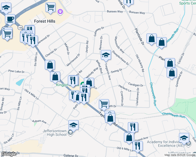 map of restaurants, bars, coffee shops, grocery stores, and more near 2602 Ballad Boulevard in Jeffersontown