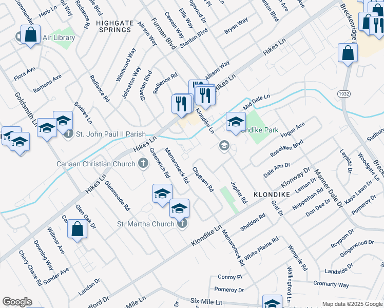 map of restaurants, bars, coffee shops, grocery stores, and more near 2920 Brinkey Way in Louisville