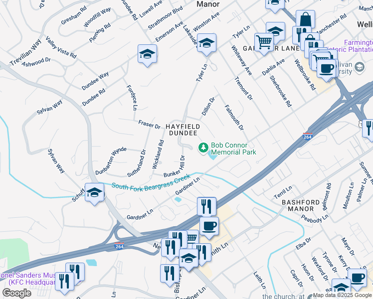 map of restaurants, bars, coffee shops, grocery stores, and more near 3000 Bunker Hill Drive in Louisville