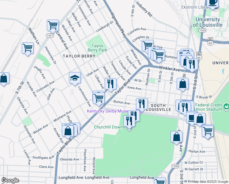 map of restaurants, bars, coffee shops, grocery stores, and more near 2914 Taylor Boulevard in Louisville