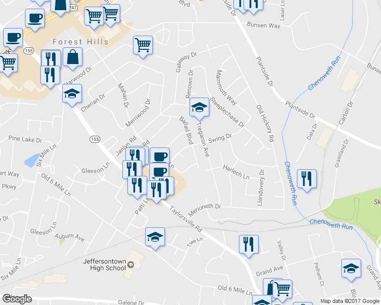 map of restaurants, bars, coffee shops, grocery stores, and more near 2602 Ballad Boulevard in Jeffersontown