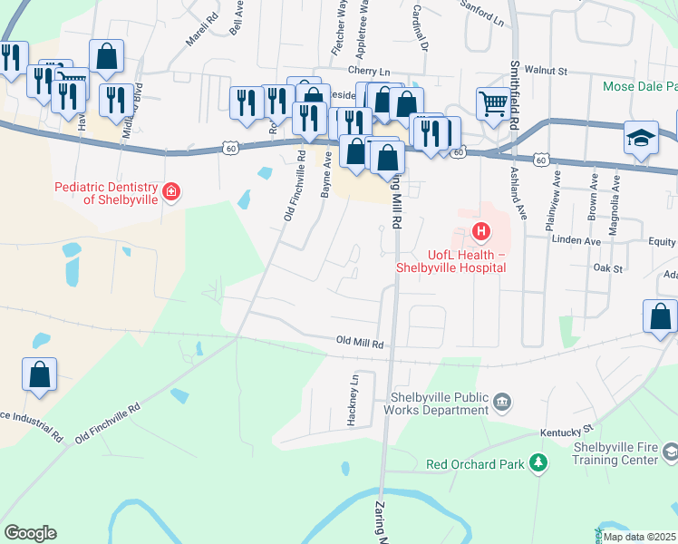 map of restaurants, bars, coffee shops, grocery stores, and more near 803 Village Lane in Shelbyville