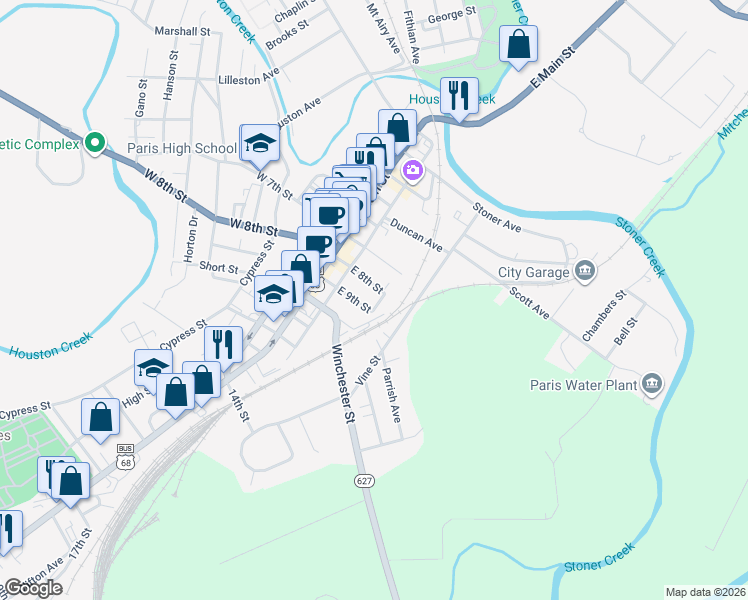 map of restaurants, bars, coffee shops, grocery stores, and more near 815 East 8th Street in Paris