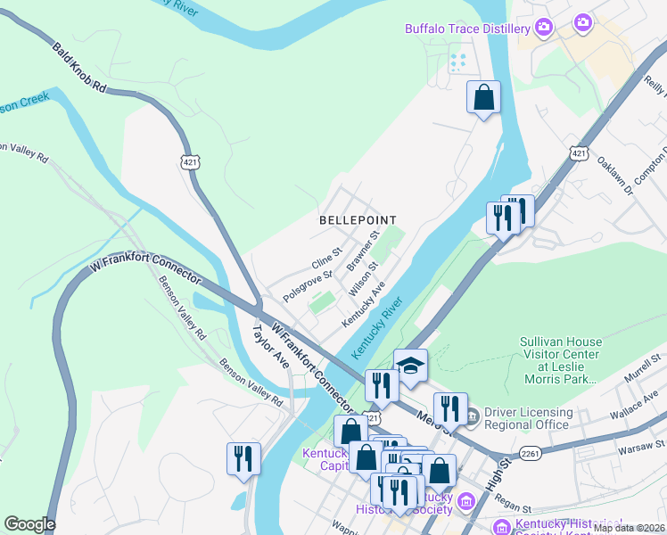 map of restaurants, bars, coffee shops, grocery stores, and more near 725 Polsgrove Street in Frankfort