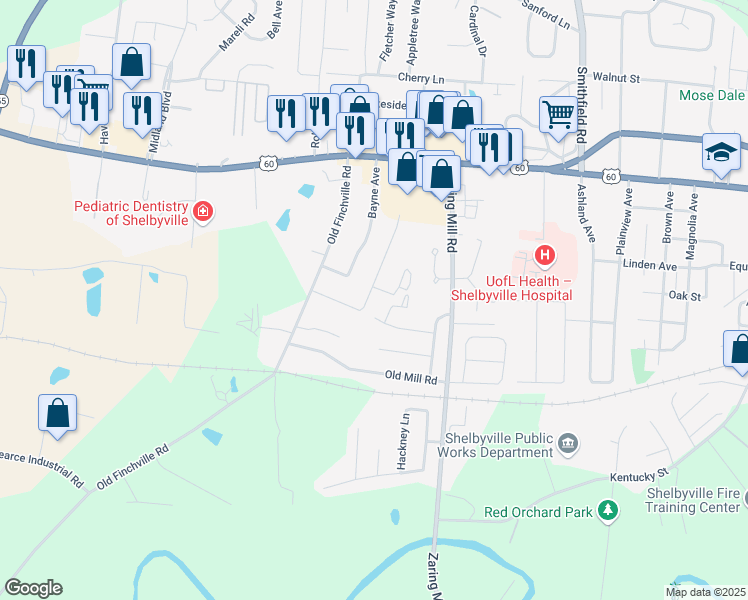map of restaurants, bars, coffee shops, grocery stores, and more near 803 Village Lane in Shelbyville