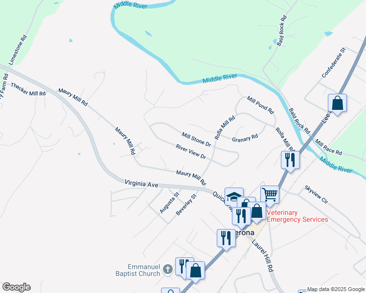 map of restaurants, bars, coffee shops, grocery stores, and more near 119 River View Drive in Verona