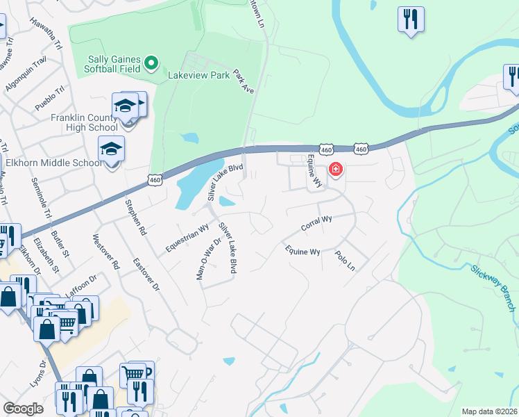 map of restaurants, bars, coffee shops, grocery stores, and more near 202 Ruffian Court in Frankfort