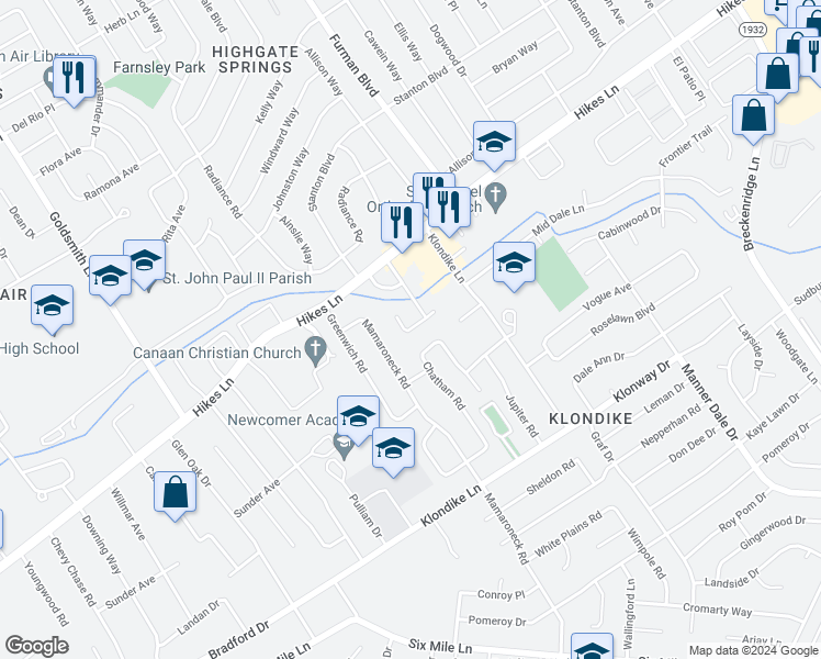 map of restaurants, bars, coffee shops, grocery stores, and more near 2919 Brinkey Way in Louisville