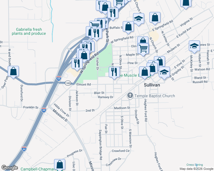 map of restaurants, bars, coffee shops, grocery stores, and more near 130 Gray Street in Sullivan