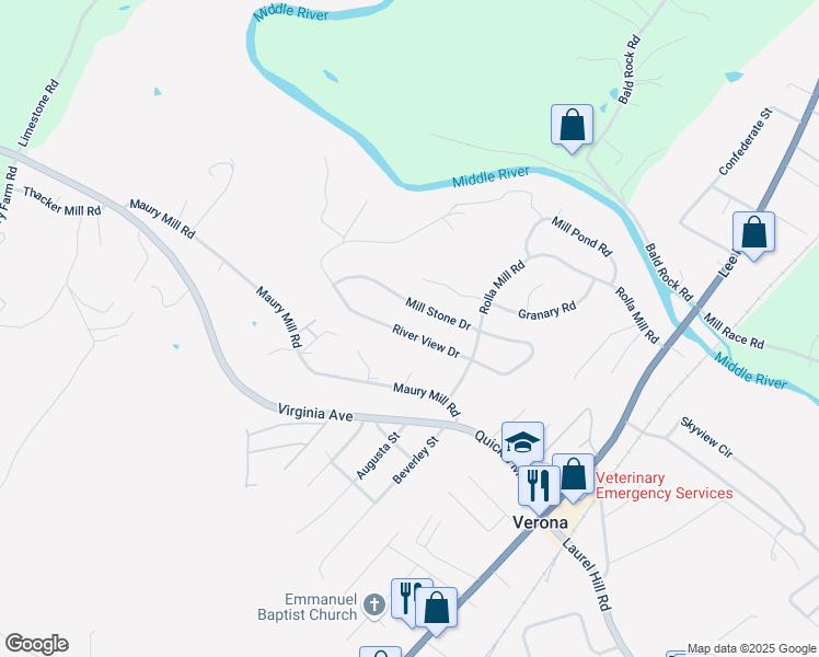 map of restaurants, bars, coffee shops, grocery stores, and more near 119 River View Drive in Verona